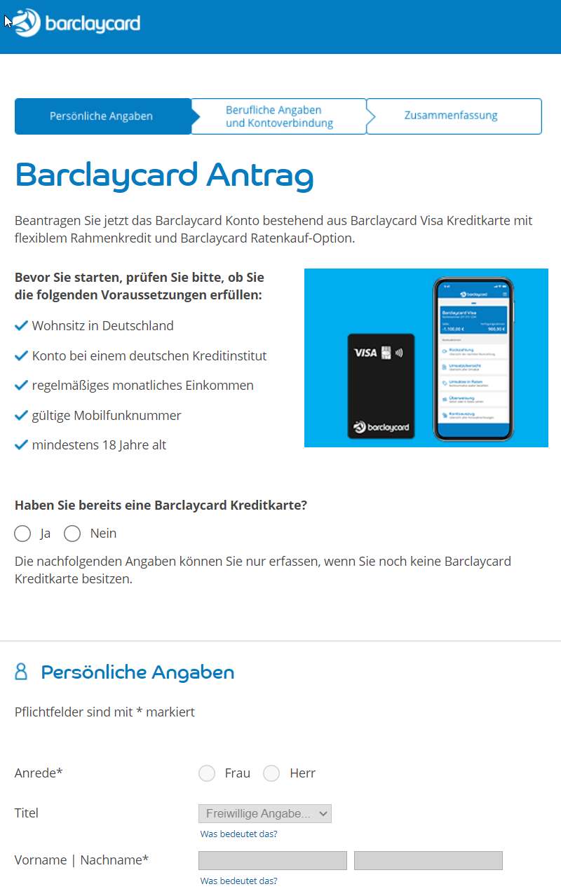 Barclaycard Visa Antrag